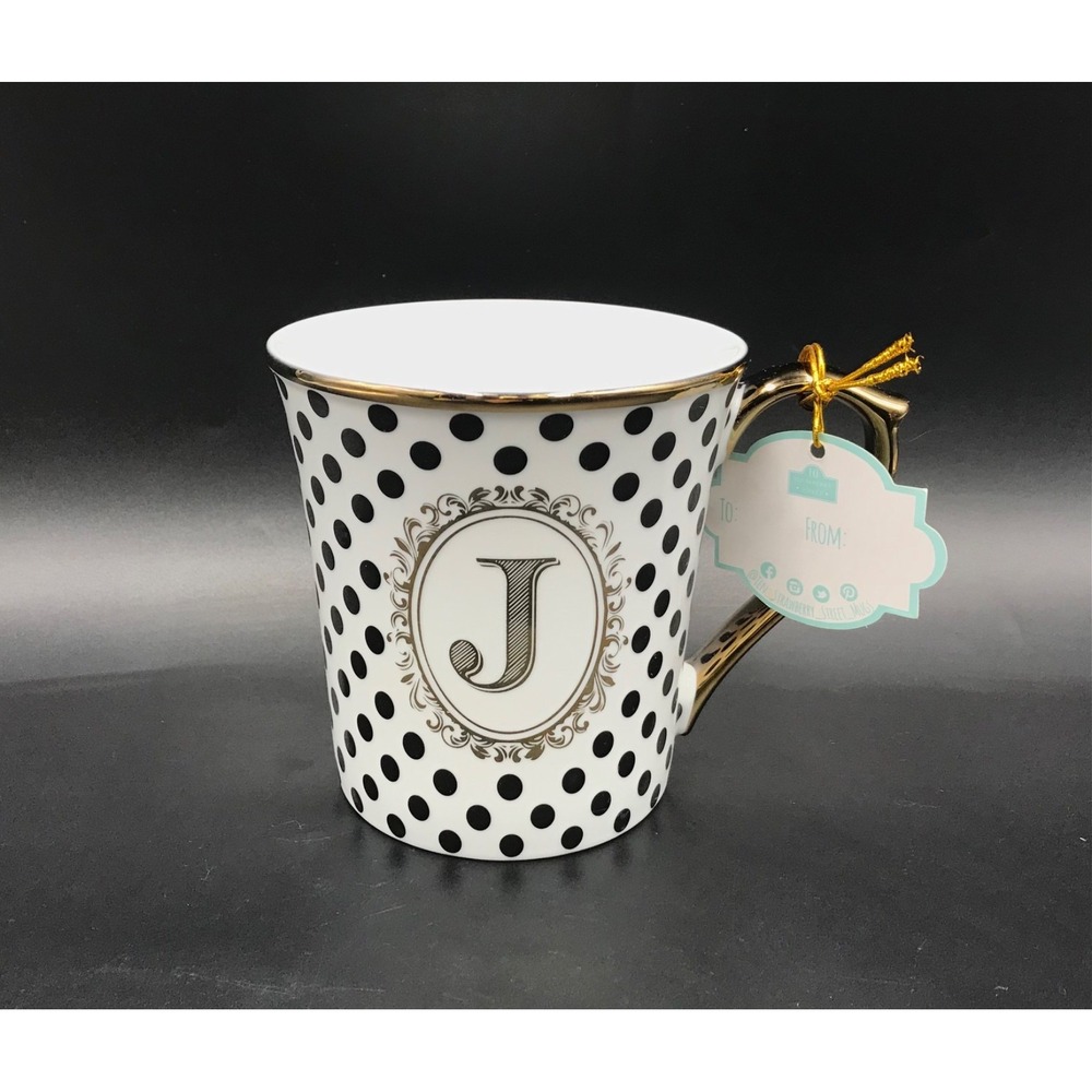 10 STRAWBERRY STREET  Letter Initial  "J" Gold Coffee Mug Polka Dot Monogram NEW